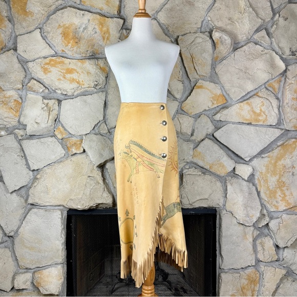 Ralph Lauren Dresses & Skirts - Ralph Lauren Country Hand Painted Native American Leather Fringe Wrap Skirt | 4